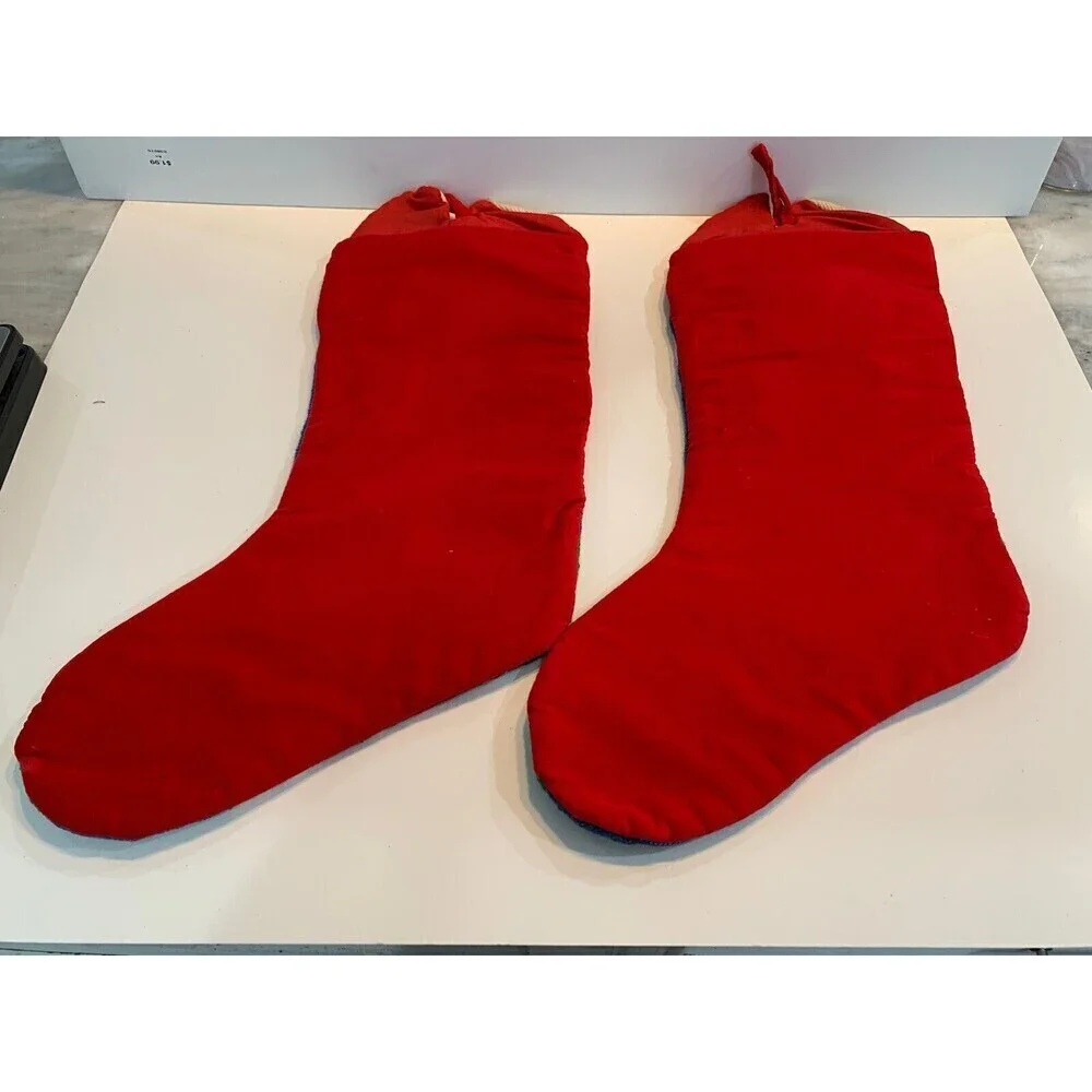 Vtg Needlepoint Christmas Stockings Red Velvet Angel Handmade Set 2 Christmas